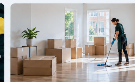 Move-in or move-out cleaning in a bright home with moving boxes